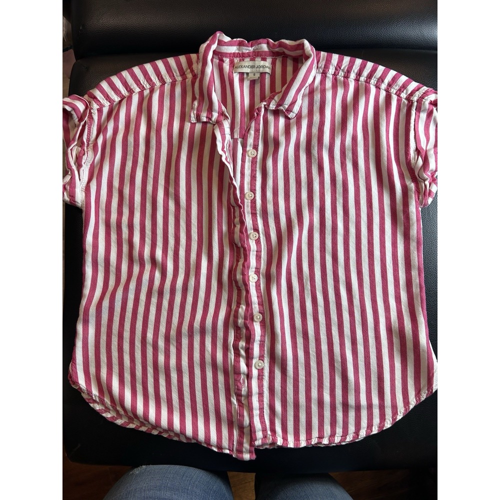 Alexander Jordan Striped Button-Up Blouse Pink White Collared Short Sleeve S